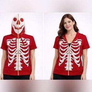 NWT Redfox Women’s Red or Black Short Sleeve Skeleton Hoodie W/Face